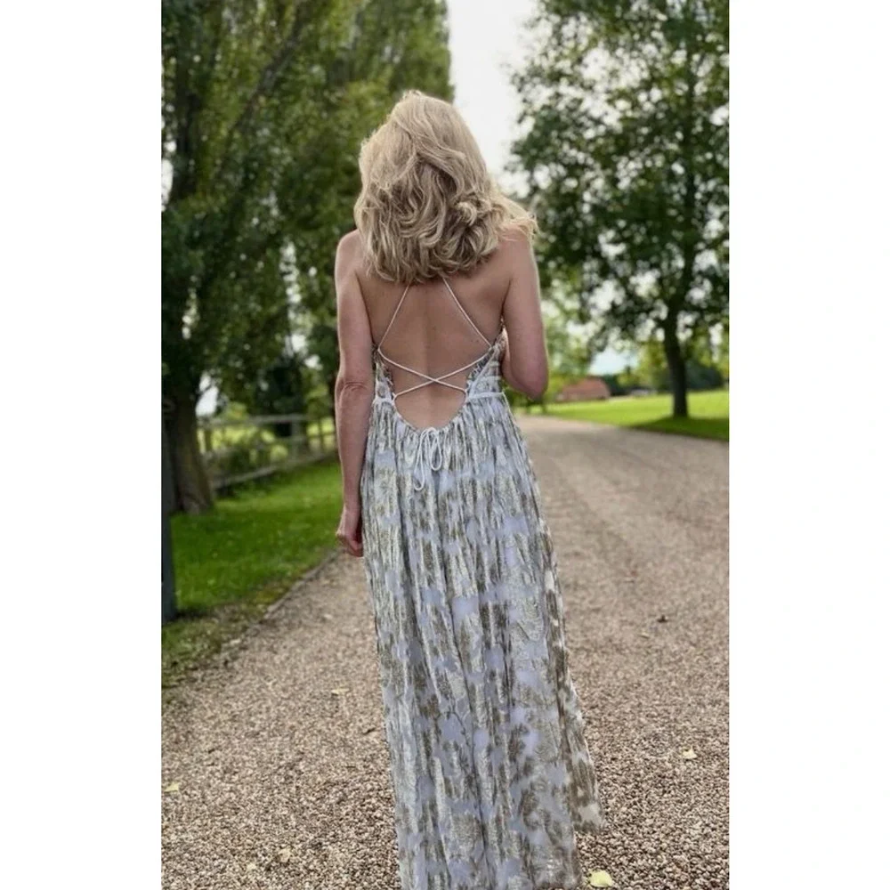 NEW FREE PEOPLE METALLIC GOLD CHARLIE BUSTIER MAXI DRESS SZ S